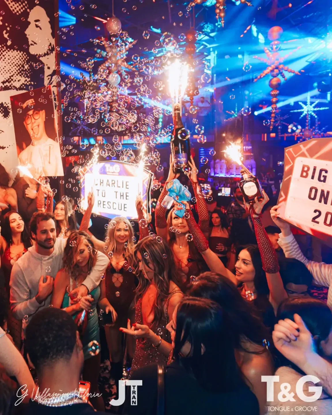 Party at Tongue & Groove nightclub in Atlanta, with bubbles and sparklers