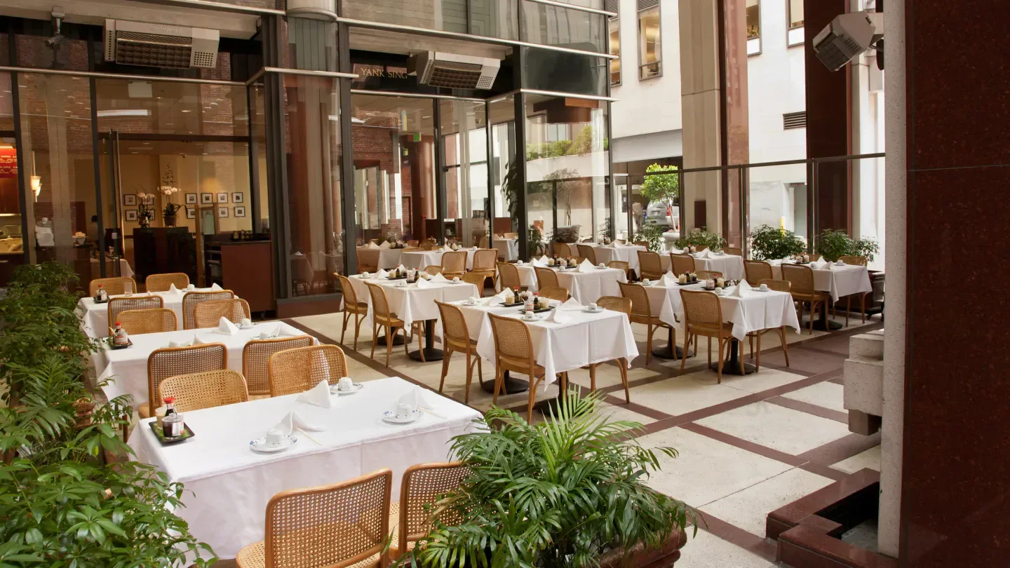 Elegant dining space at Yank Sing restaurant in San Francisco with outdoor seating.