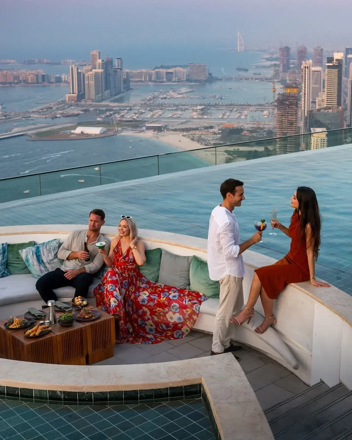Rooftop drinks at Zeta 77 restaurant in Dubai with city views and pool